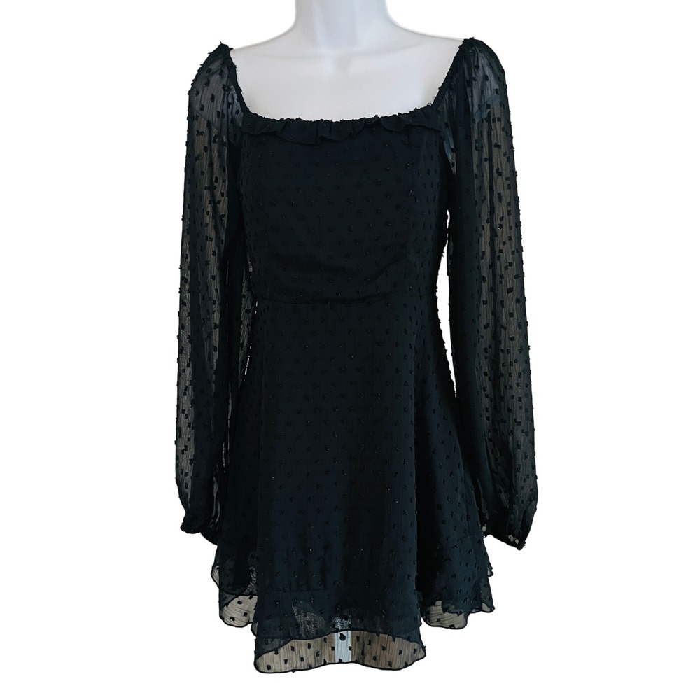 Women Y2K Whimisgoth Swiss Dot Lace Up Mini Dress Small Witchy Sheer Ruffle Goth